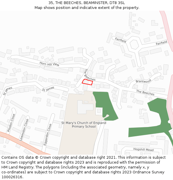 35, THE BEECHES, BEAMINSTER, DT8 3SL: Location map and indicative extent of plot