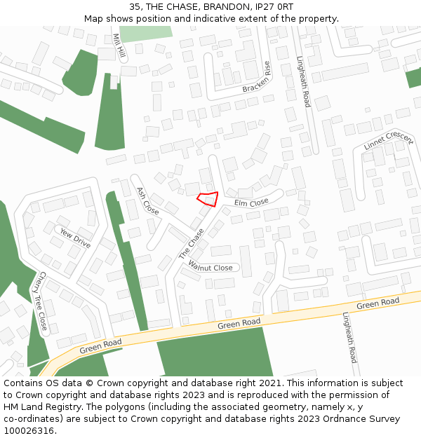 35, THE CHASE, BRANDON, IP27 0RT: Location map and indicative extent of plot