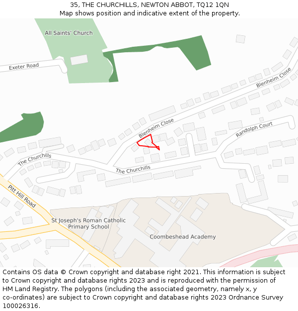 35, THE CHURCHILLS, NEWTON ABBOT, TQ12 1QN: Location map and indicative extent of plot