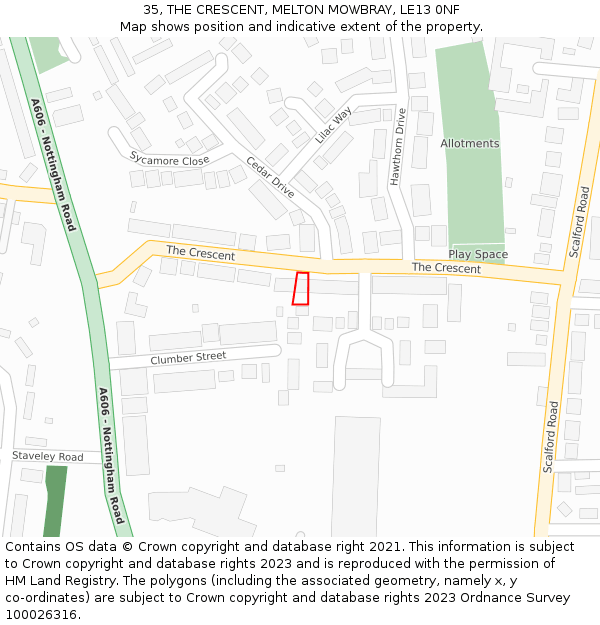 35, THE CRESCENT, MELTON MOWBRAY, LE13 0NF: Location map and indicative extent of plot