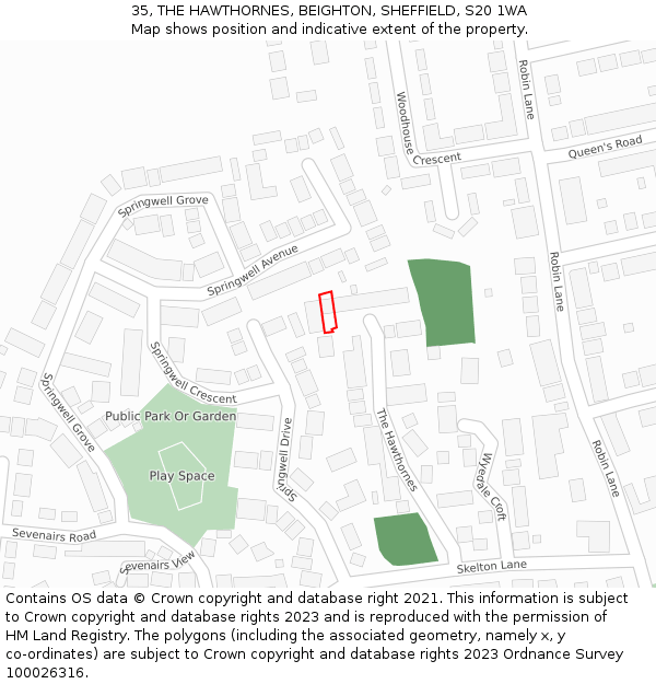 35, THE HAWTHORNES, BEIGHTON, SHEFFIELD, S20 1WA: Location map and indicative extent of plot