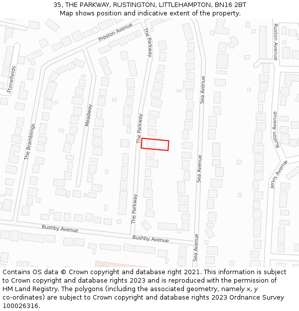 35, THE PARKWAY, RUSTINGTON, LITTLEHAMPTON, BN16 2BT: Location map and indicative extent of plot