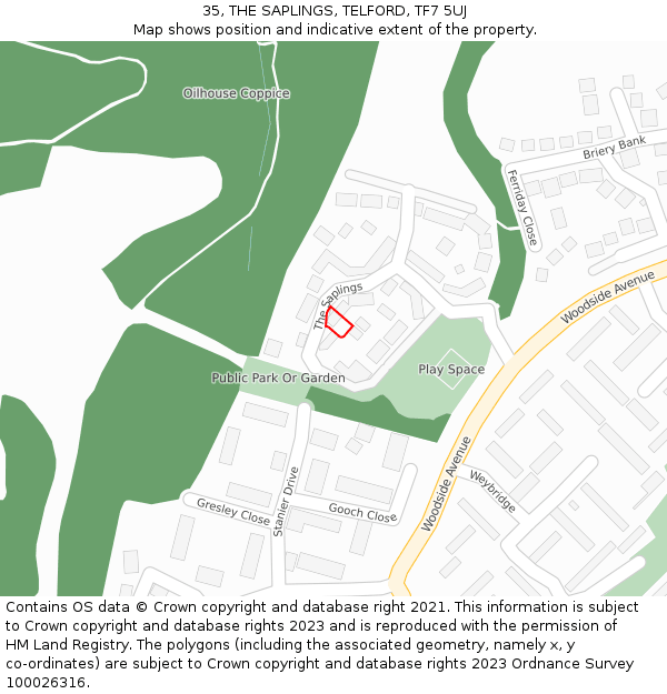 35, THE SAPLINGS, TELFORD, TF7 5UJ: Location map and indicative extent of plot