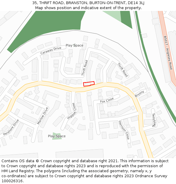 35, THRIFT ROAD, BRANSTON, BURTON-ON-TRENT, DE14 3LJ: Location map and indicative extent of plot