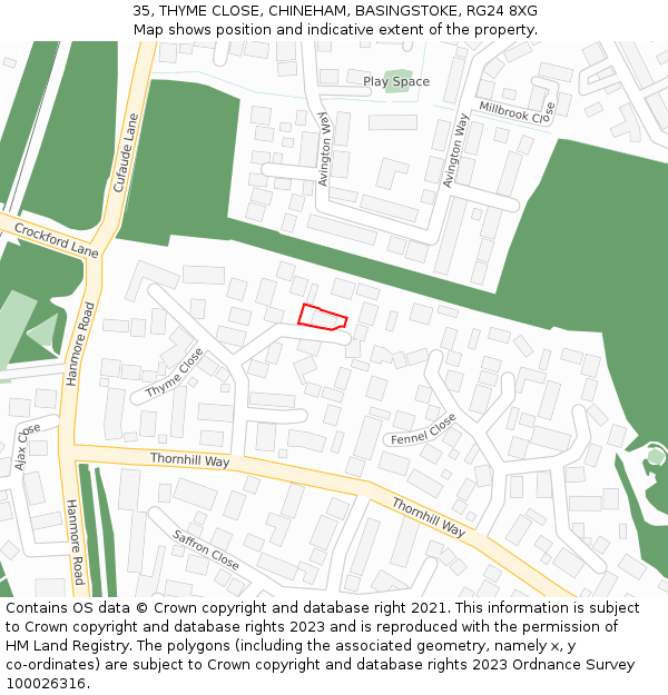 35, THYME CLOSE, CHINEHAM, BASINGSTOKE, RG24 8XG: Location map and indicative extent of plot