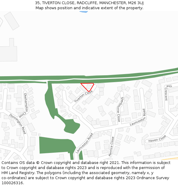 35, TIVERTON CLOSE, RADCLIFFE, MANCHESTER, M26 3UJ: Location map and indicative extent of plot