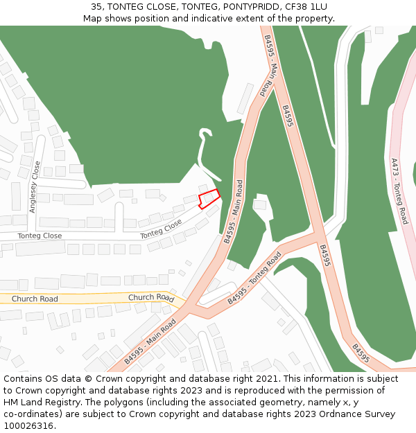 35, TONTEG CLOSE, TONTEG, PONTYPRIDD, CF38 1LU: Location map and indicative extent of plot
