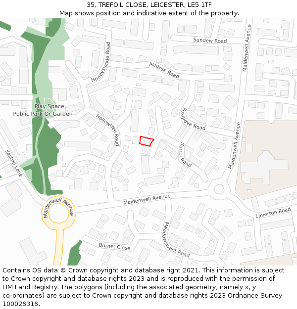 35, TREFOIL CLOSE, LEICESTER, LE5 1TF: Location map and indicative extent of plot