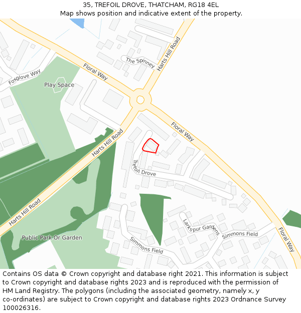 35, TREFOIL DROVE, THATCHAM, RG18 4EL: Location map and indicative extent of plot