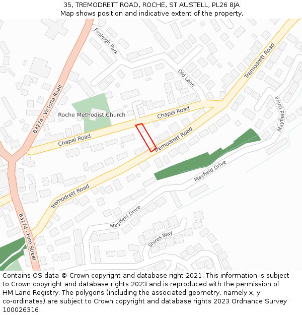 35, TREMODRETT ROAD, ROCHE, ST AUSTELL, PL26 8JA: Location map and indicative extent of plot
