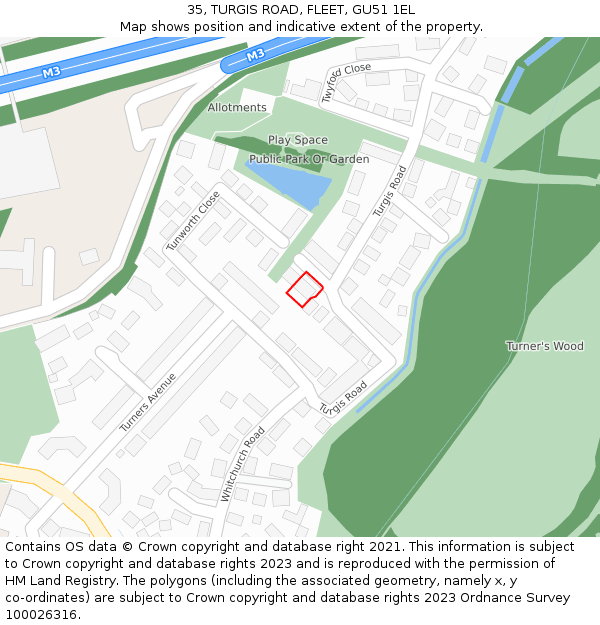 35, TURGIS ROAD, FLEET, GU51 1EL: Location map and indicative extent of plot