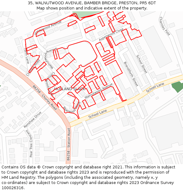 35, WALNUTWOOD AVENUE, BAMBER BRIDGE, PRESTON, PR5 6DT: Location map and indicative extent of plot