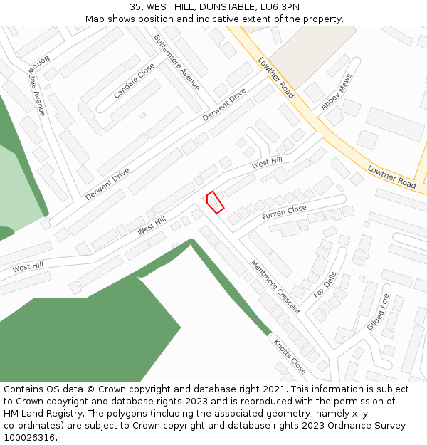 35, WEST HILL, DUNSTABLE, LU6 3PN: Location map and indicative extent of plot
