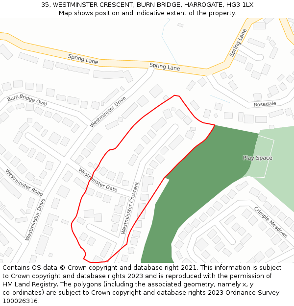 35, WESTMINSTER CRESCENT, BURN BRIDGE, HARROGATE, HG3 1LX: Location map and indicative extent of plot