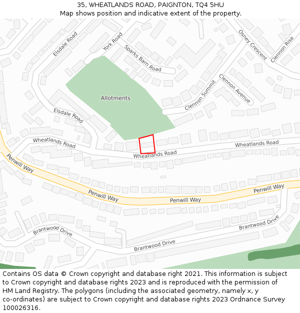 35, WHEATLANDS ROAD, PAIGNTON, TQ4 5HU: Location map and indicative extent of plot