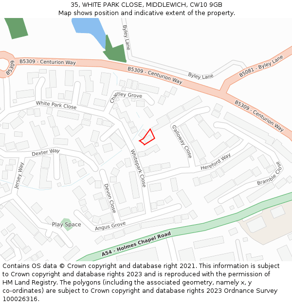 35, WHITE PARK CLOSE, MIDDLEWICH, CW10 9GB: Location map and indicative extent of plot