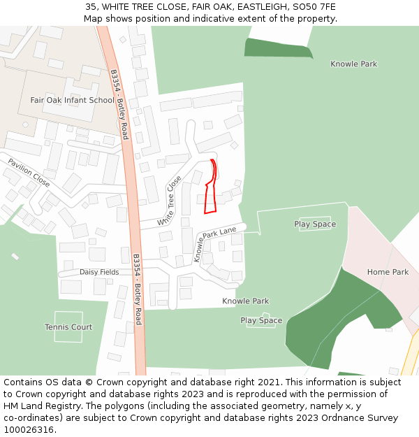 35, WHITE TREE CLOSE, FAIR OAK, EASTLEIGH, SO50 7FE: Location map and indicative extent of plot