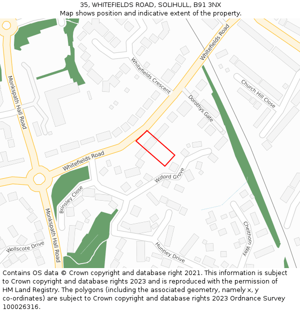35, WHITEFIELDS ROAD, SOLIHULL, B91 3NX: Location map and indicative extent of plot