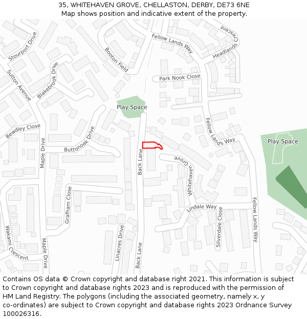 35, WHITEHAVEN GROVE, CHELLASTON, DERBY, DE73 6NE: Location map and indicative extent of plot