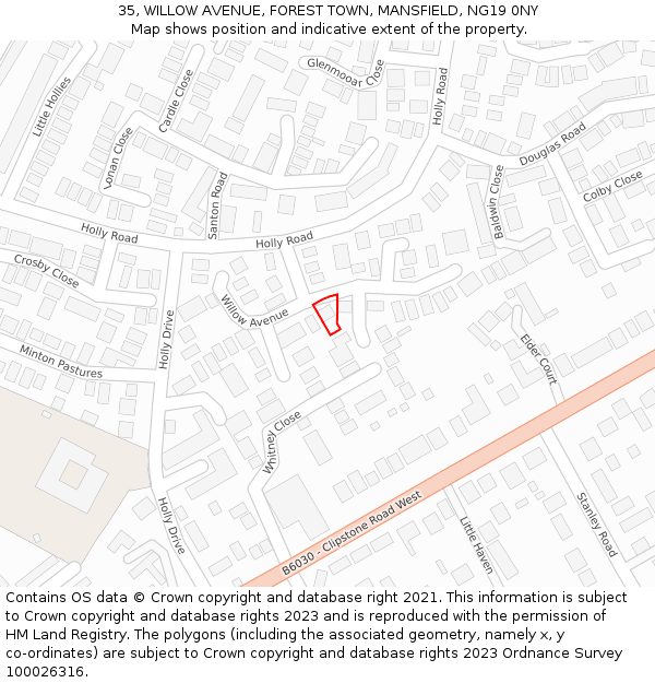35, WILLOW AVENUE, FOREST TOWN, MANSFIELD, NG19 0NY: Location map and indicative extent of plot