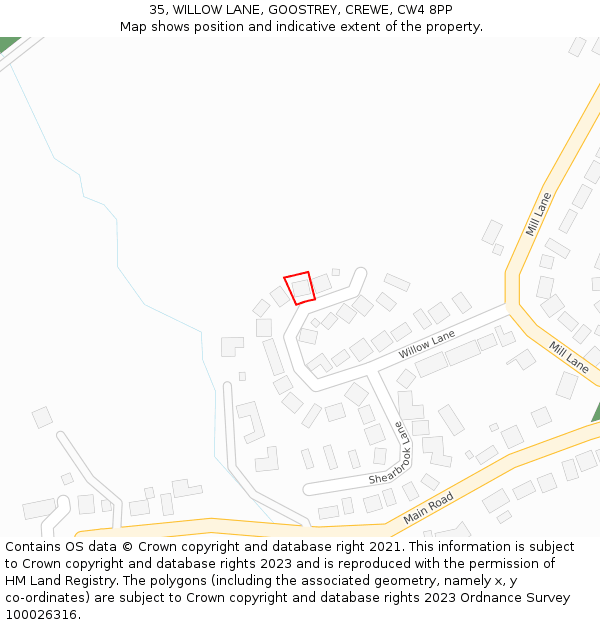 35, WILLOW LANE, GOOSTREY, CREWE, CW4 8PP: Location map and indicative extent of plot