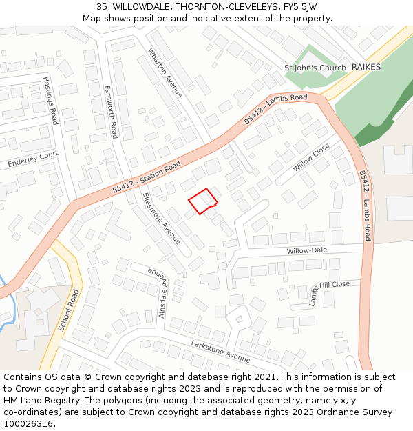 35, WILLOWDALE, THORNTON-CLEVELEYS, FY5 5JW: Location map and indicative extent of plot