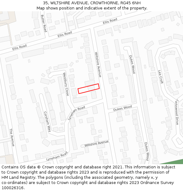 35, WILTSHIRE AVENUE, CROWTHORNE, RG45 6NH: Location map and indicative extent of plot