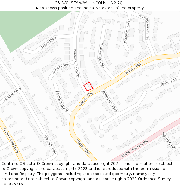 35, WOLSEY WAY, LINCOLN, LN2 4QH: Location map and indicative extent of plot