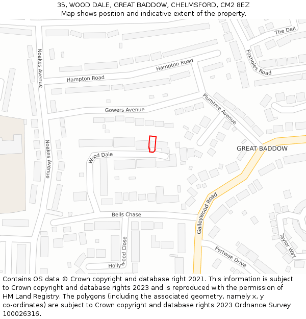 35, WOOD DALE, GREAT BADDOW, CHELMSFORD, CM2 8EZ: Location map and indicative extent of plot