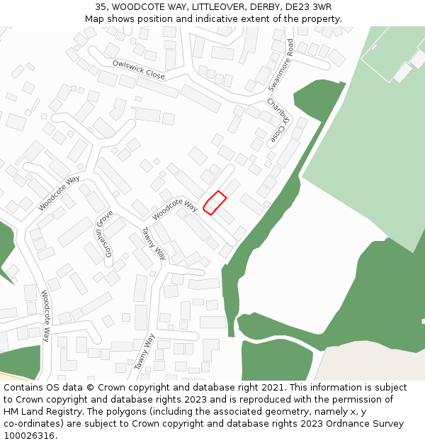 35, WOODCOTE WAY, LITTLEOVER, DERBY, DE23 3WR: Location map and indicative extent of plot