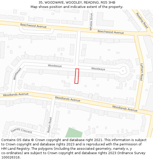 35, WOODWAYE, WOODLEY, READING, RG5 3HB: Location map and indicative extent of plot