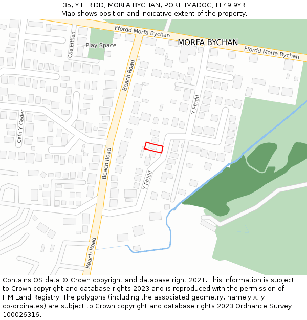 35, Y FFRIDD, MORFA BYCHAN, PORTHMADOG, LL49 9YR: Location map and indicative extent of plot