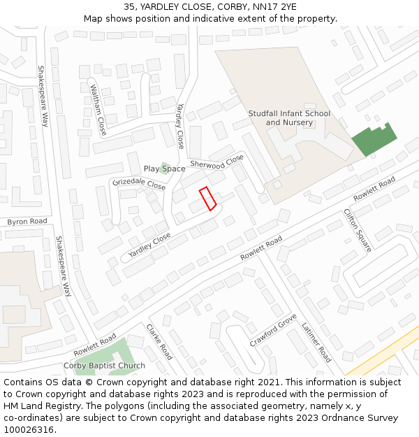 35, YARDLEY CLOSE, CORBY, NN17 2YE: Location map and indicative extent of plot
