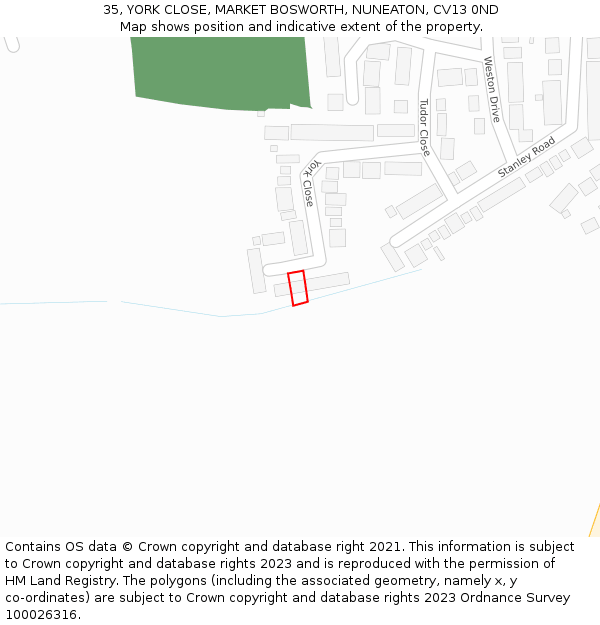 35, YORK CLOSE, MARKET BOSWORTH, NUNEATON, CV13 0ND: Location map and indicative extent of plot