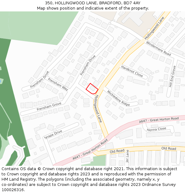 350, HOLLINGWOOD LANE, BRADFORD, BD7 4AY: Location map and indicative extent of plot