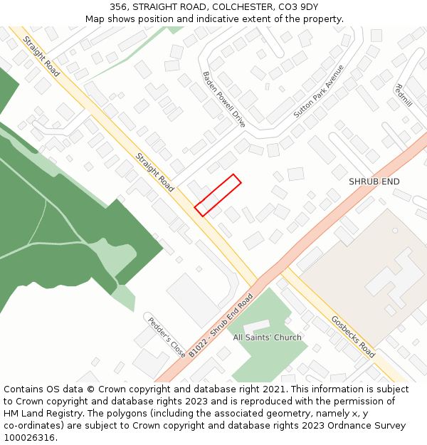 356, STRAIGHT ROAD, COLCHESTER, CO3 9DY: Location map and indicative extent of plot