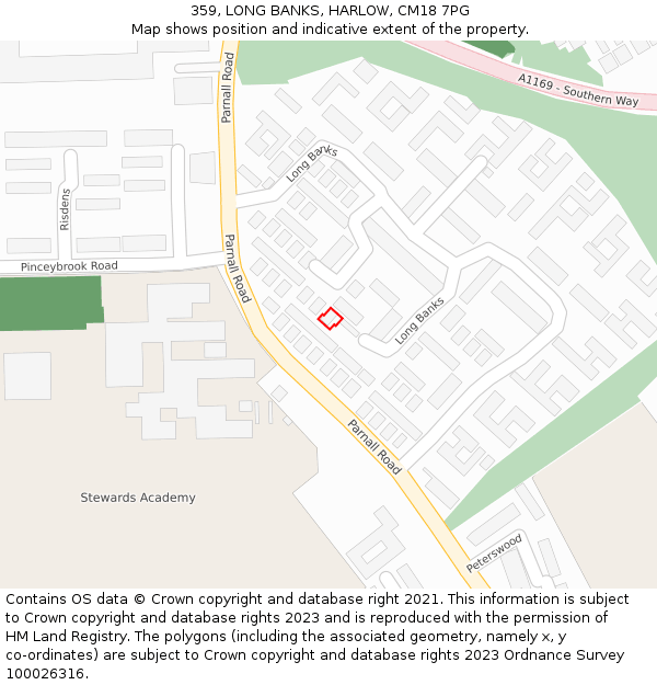 359, LONG BANKS, HARLOW, CM18 7PG: Location map and indicative extent of plot