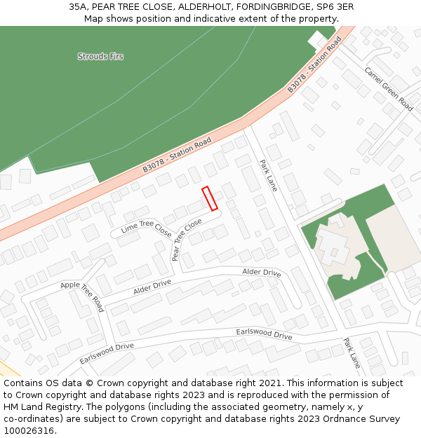35A, PEAR TREE CLOSE, ALDERHOLT, FORDINGBRIDGE, SP6 3ER: Location map and indicative extent of plot