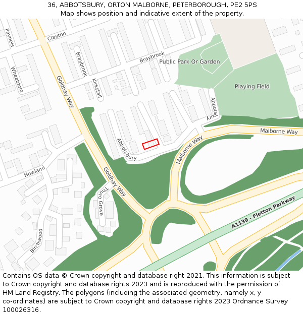 36, ABBOTSBURY, ORTON MALBORNE, PETERBOROUGH, PE2 5PS: Location map and indicative extent of plot