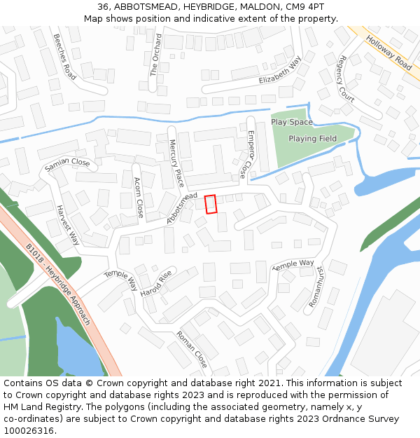 36, ABBOTSMEAD, HEYBRIDGE, MALDON, CM9 4PT: Location map and indicative extent of plot