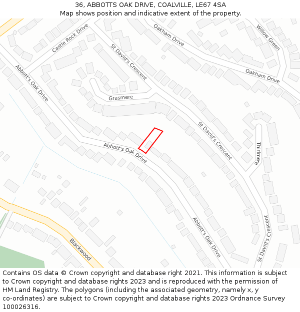 36, ABBOTTS OAK DRIVE, COALVILLE, LE67 4SA: Location map and indicative extent of plot