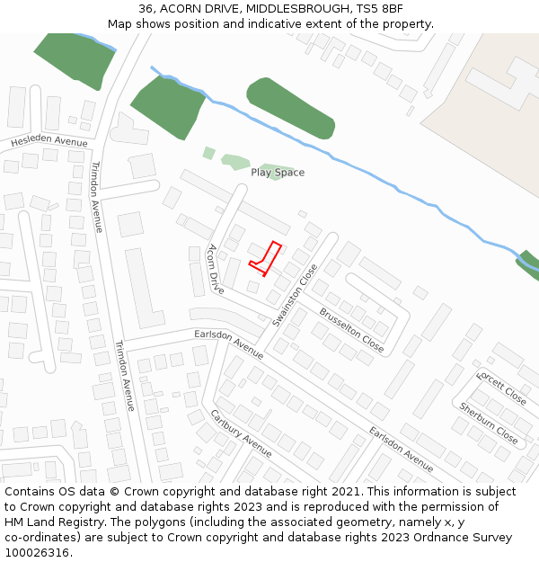 36, ACORN DRIVE, MIDDLESBROUGH, TS5 8BF: Location map and indicative extent of plot