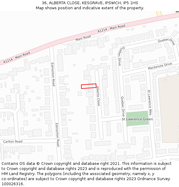 36, ALBERTA CLOSE, KESGRAVE, IPSWICH, IP5 1HS: Location map and indicative extent of plot