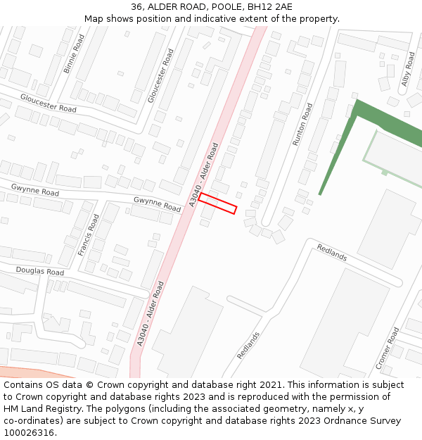 36, ALDER ROAD, POOLE, BH12 2AE: Location map and indicative extent of plot