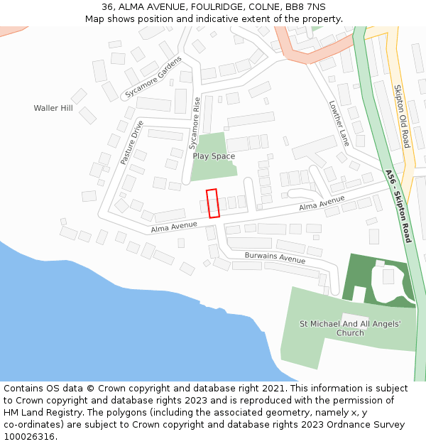 36, ALMA AVENUE, FOULRIDGE, COLNE, BB8 7NS: Location map and indicative extent of plot