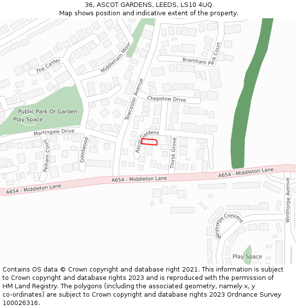 36, ASCOT GARDENS, LEEDS, LS10 4UQ: Location map and indicative extent of plot