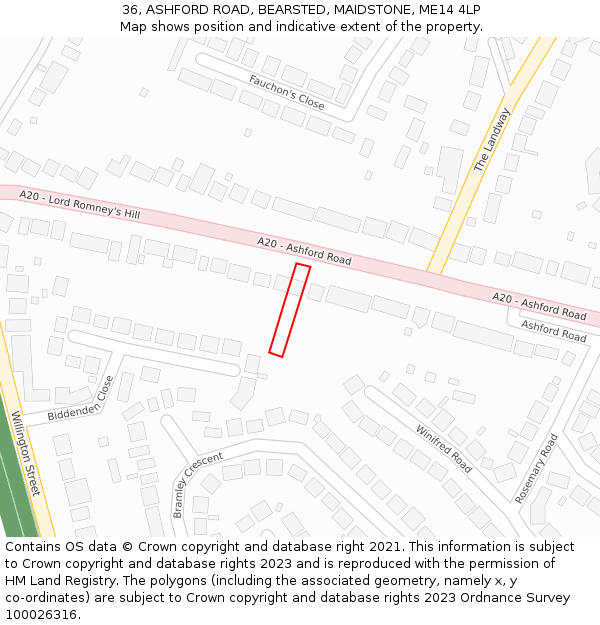 36, ASHFORD ROAD, BEARSTED, MAIDSTONE, ME14 4LP: Location map and indicative extent of plot