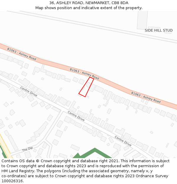 36, ASHLEY ROAD, NEWMARKET, CB8 8DA: Location map and indicative extent of plot