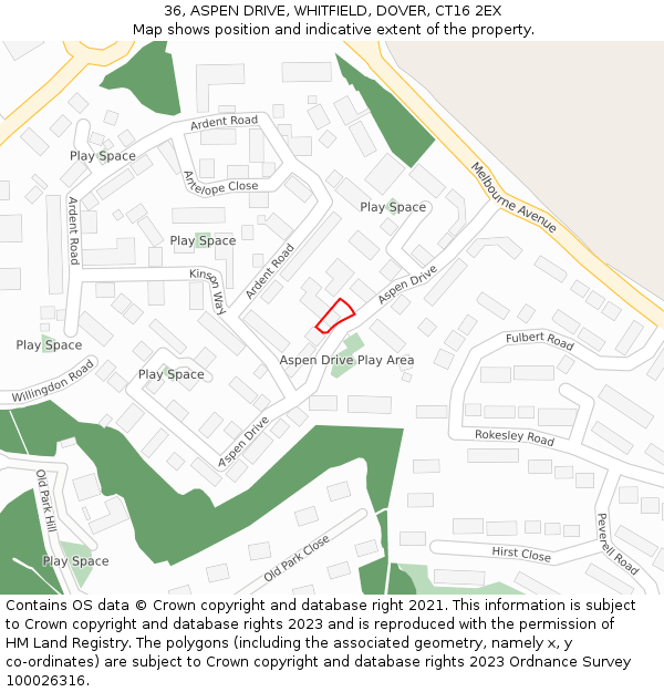 36, ASPEN DRIVE, WHITFIELD, DOVER, CT16 2EX: Location map and indicative extent of plot