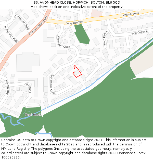36, AVONHEAD CLOSE, HORWICH, BOLTON, BL6 5QD: Location map and indicative extent of plot